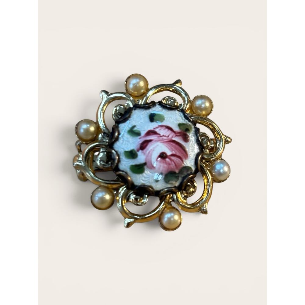 Hand Painted Rose Porcelain Brooch Faux Pearl Gold Tone Mid Century